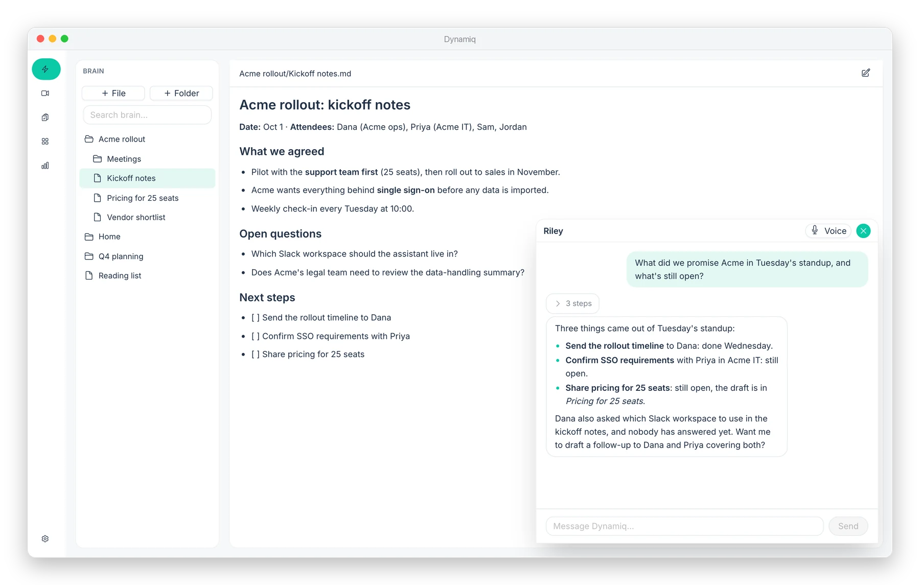 Dynamiq answering a question across meeting notes: what was promised to Acme and what is still open