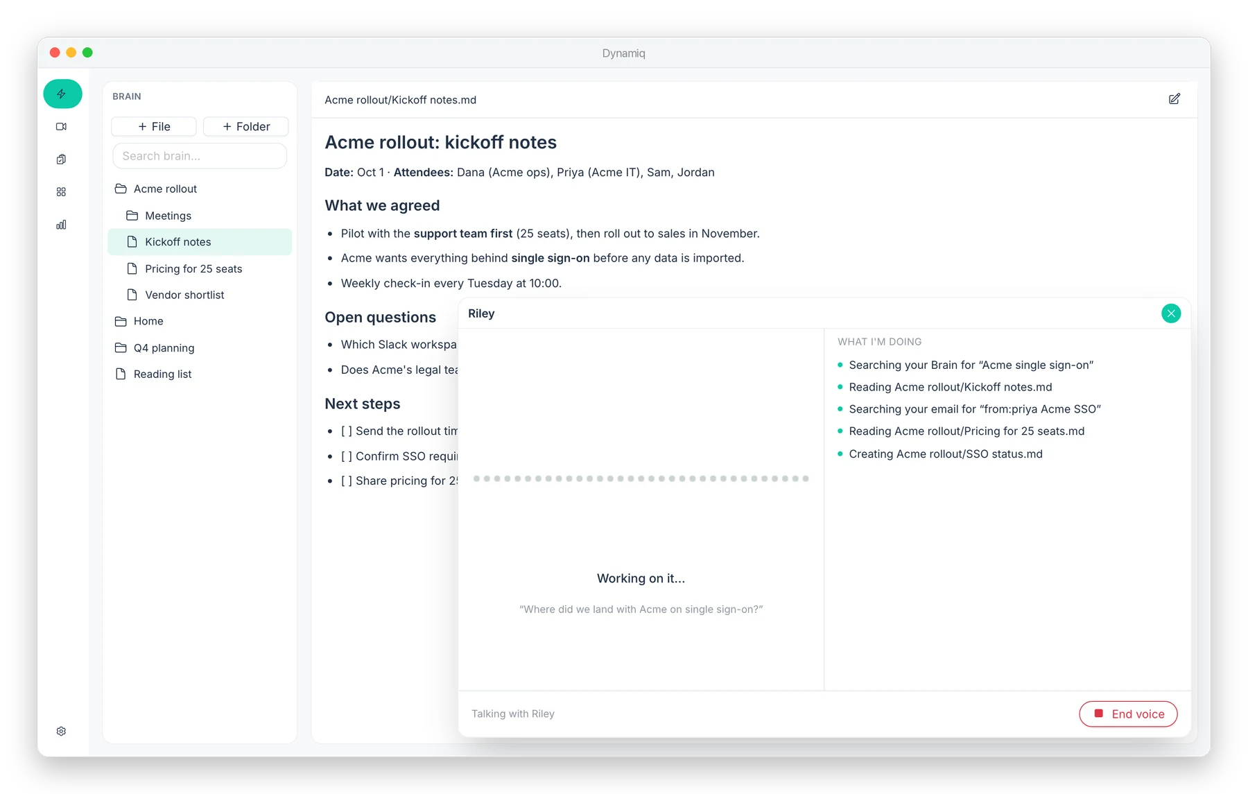 Dynamiq voice mode: a live list of the steps being taken while the user talks